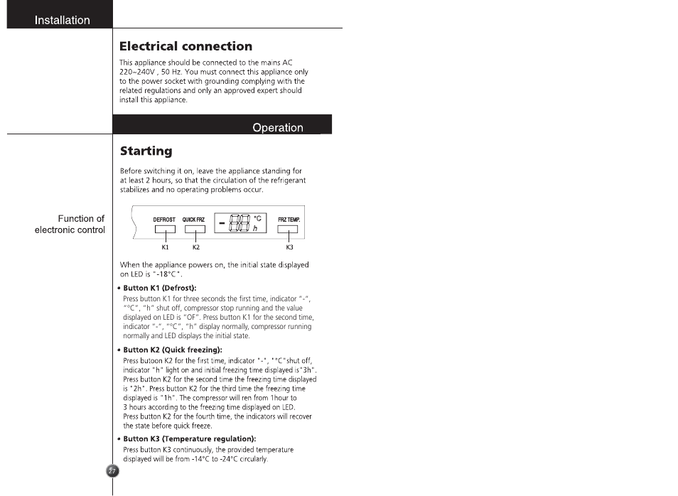 Electrical connection, Starting, Installation | Operation, Function of electronic control | LG GC-254SQW User Manual | Page 26 / 70