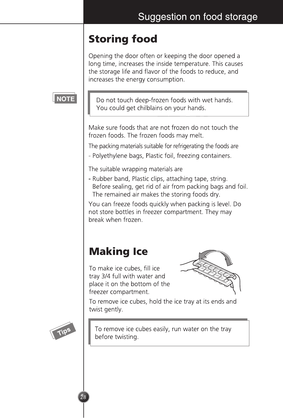 Storing food, Making ice, Suggestion on food storage | LG GC-254SQW User Manual | Page 27 / 70