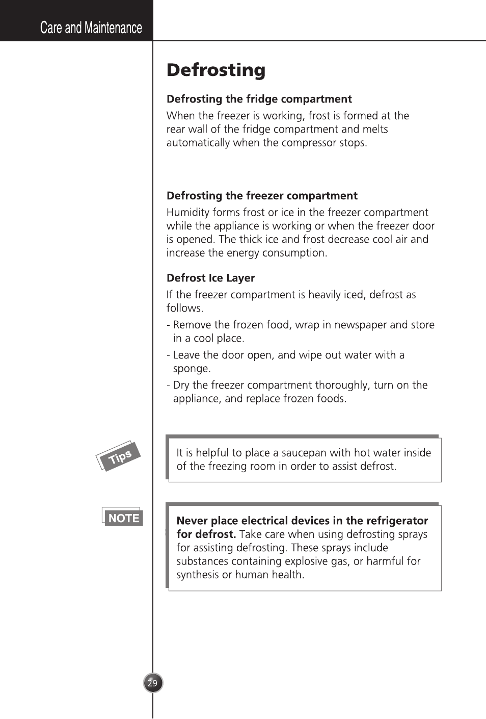 Note, Defrosting the fridge compartment, Defrosting the freezer compartment | Defrost ice layer, Care and maintenance, Defrosting | LG GC-254SQW User Manual | Page 28 / 70