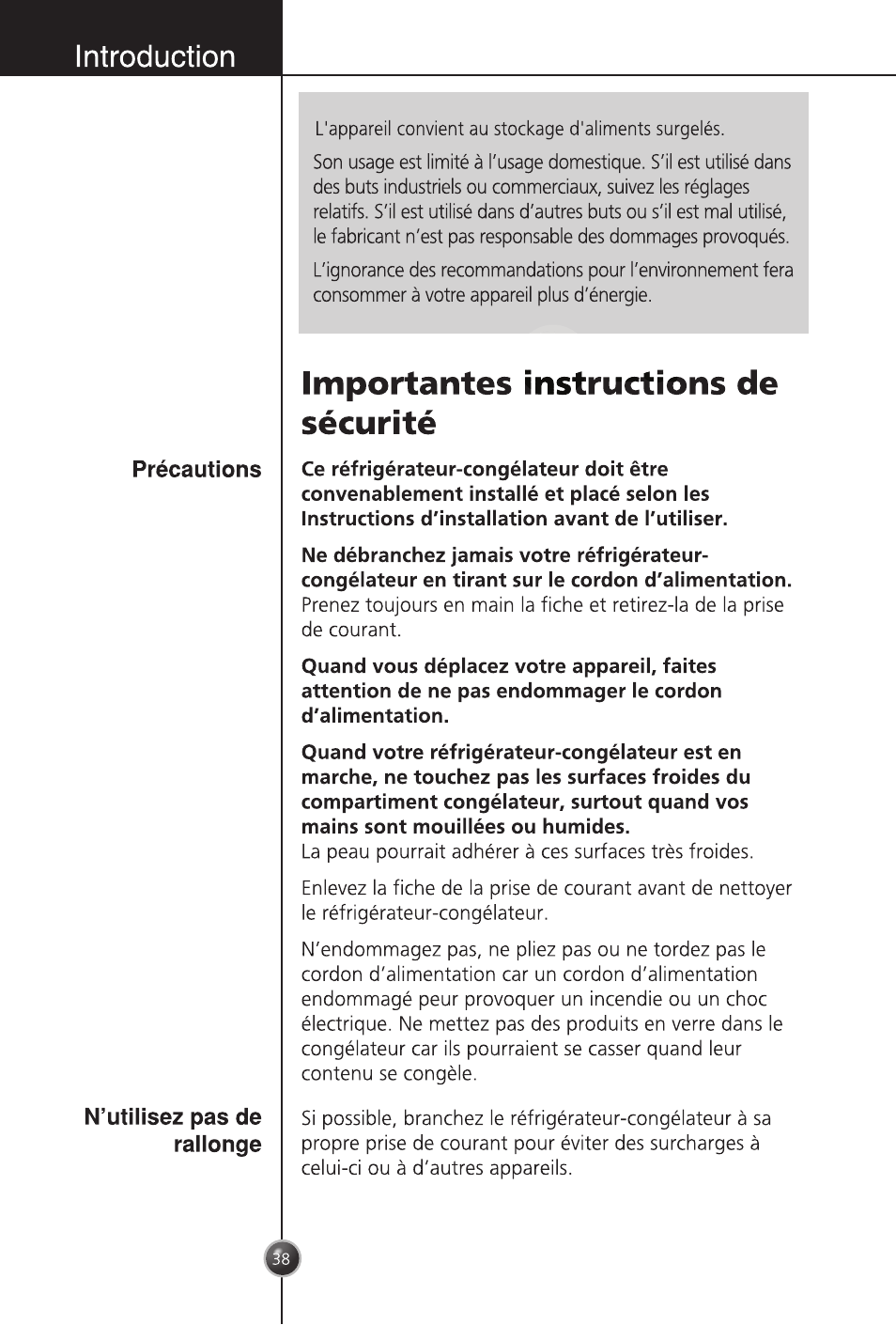 Introduction, Importantes instructions de sécurité | LG GC-254SQW User Manual | Page 37 / 70