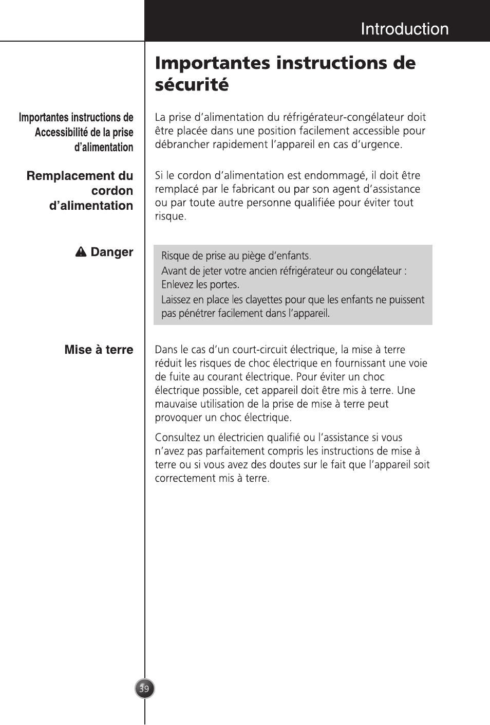 A danger, Introduction, Importantes instructions de sécurité | LG GC-254SQW User Manual | Page 38 / 70