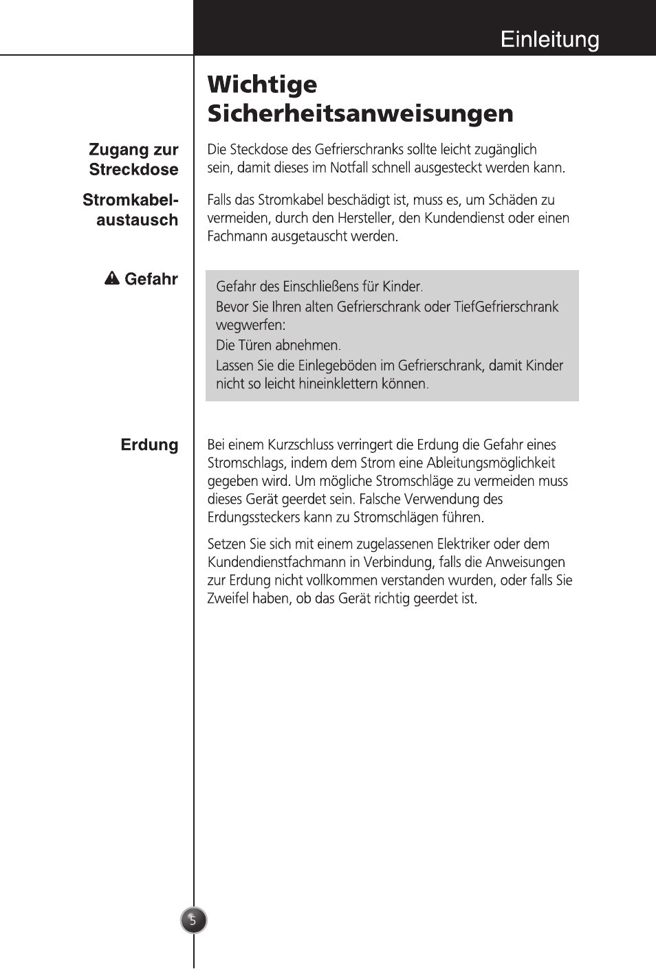 A gefahr, Wichtige sicherheitsanweisungen, Einleitung | LG GC-254SQW User Manual | Page 4 / 70