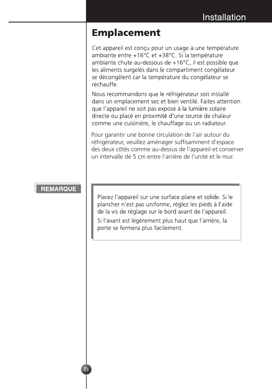 Remarque, Emplacement, Installation | LG GC-254SQW User Manual | Page 42 / 70
