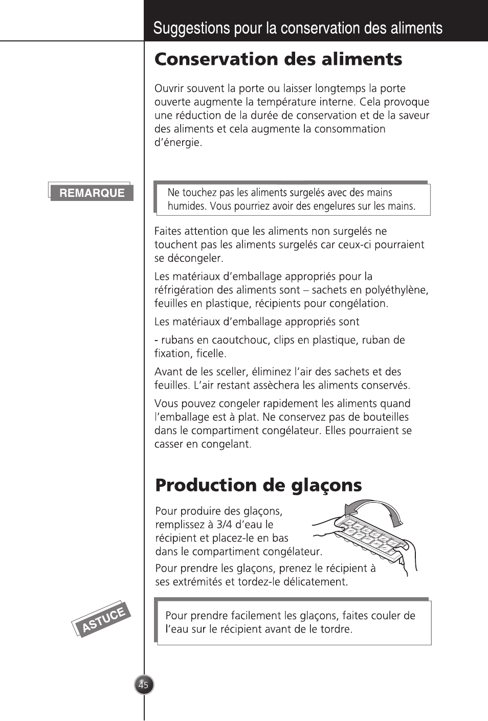 Suggestions pour la conservation des aliments, Conservation des aliments, Production de glaçons | LG GC-254SQW User Manual | Page 44 / 70