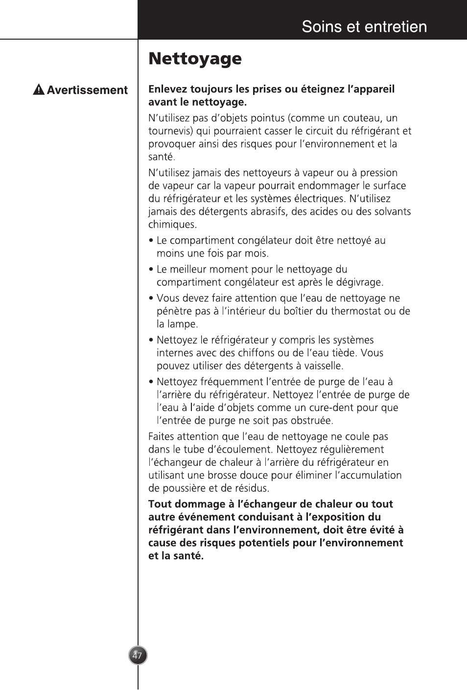 Soins et entretien, Nettoyage | LG GC-254SQW User Manual | Page 46 / 70