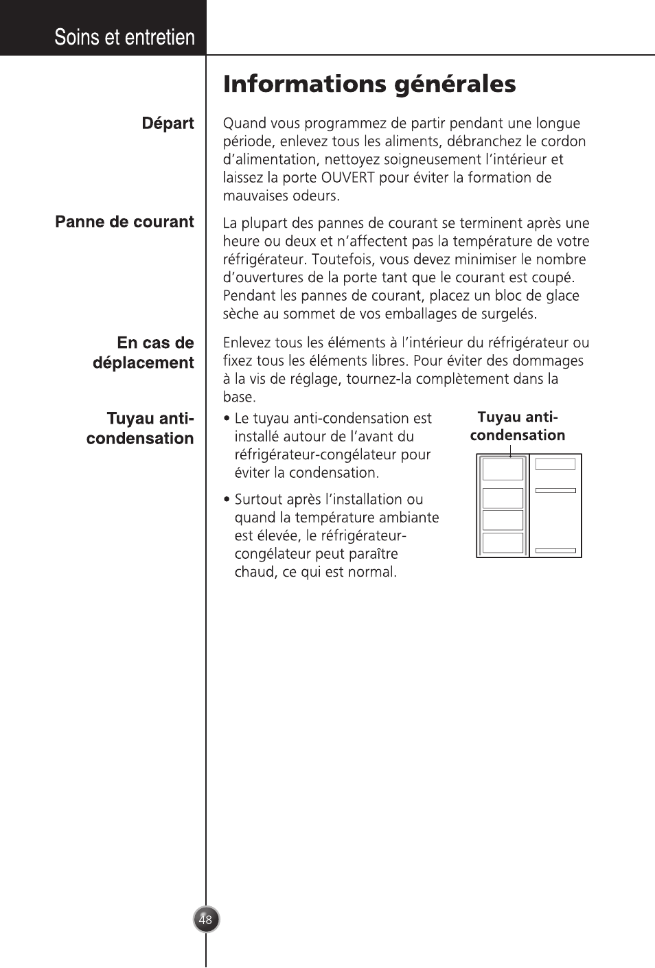 Départ, Panne de courant, En cas de déplacement | Tuyau anticondensation, Tuyau anti- condensation, Soins et entretien, Informations générales | LG GC-254SQW User Manual | Page 47 / 70