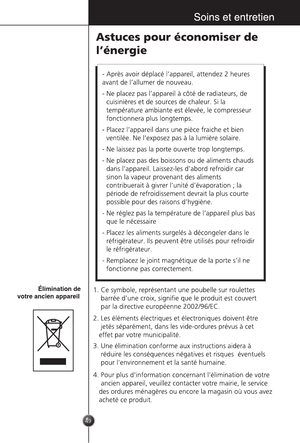 Soins et entretien, Astuces pour économiser de l'énergie | LG GC-254SQW User Manual | Page 48 / 70