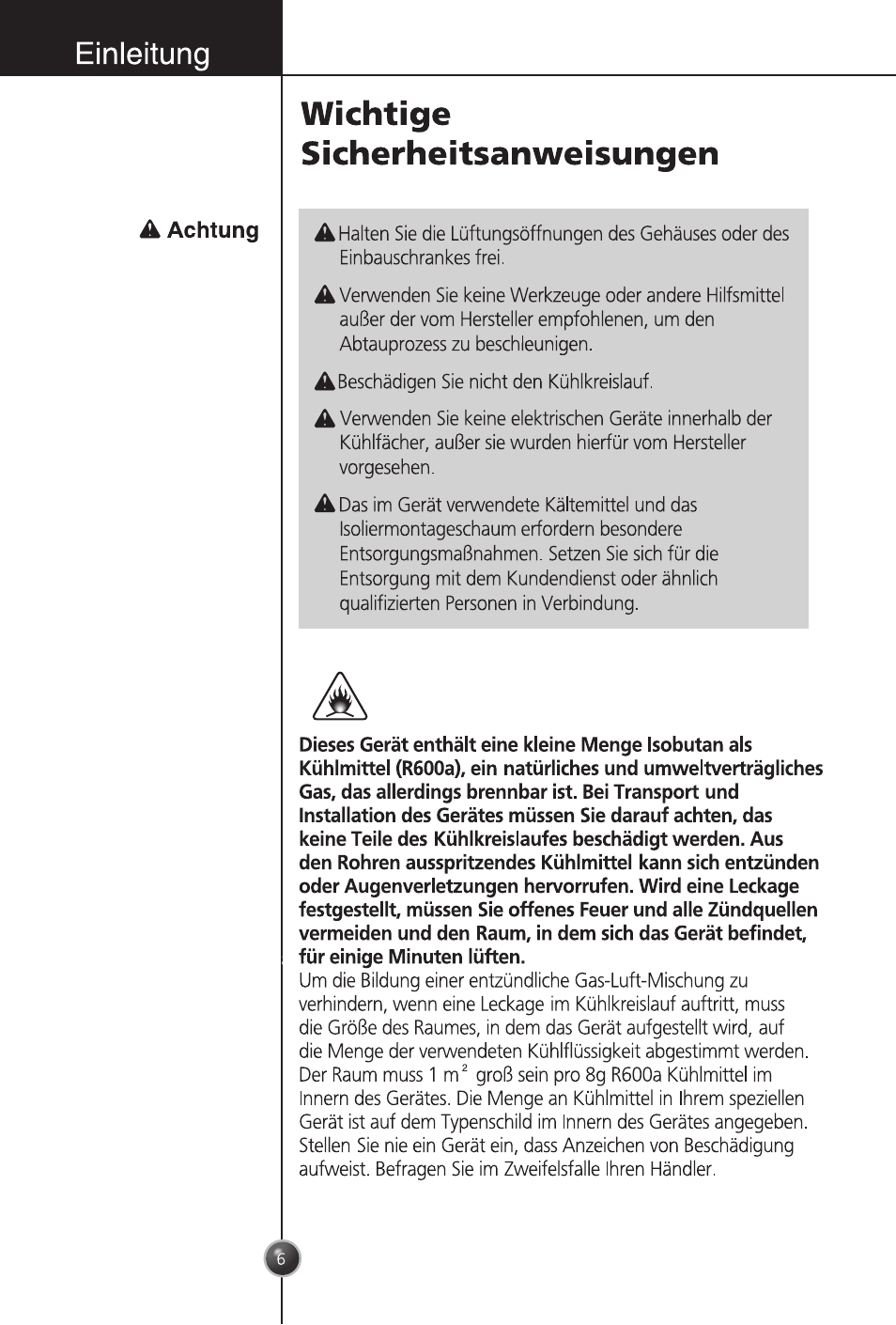 Achtung, Wichtige sicherheitsanweisungen, Einleitung | LG GC-254SQW User Manual | Page 5 / 70