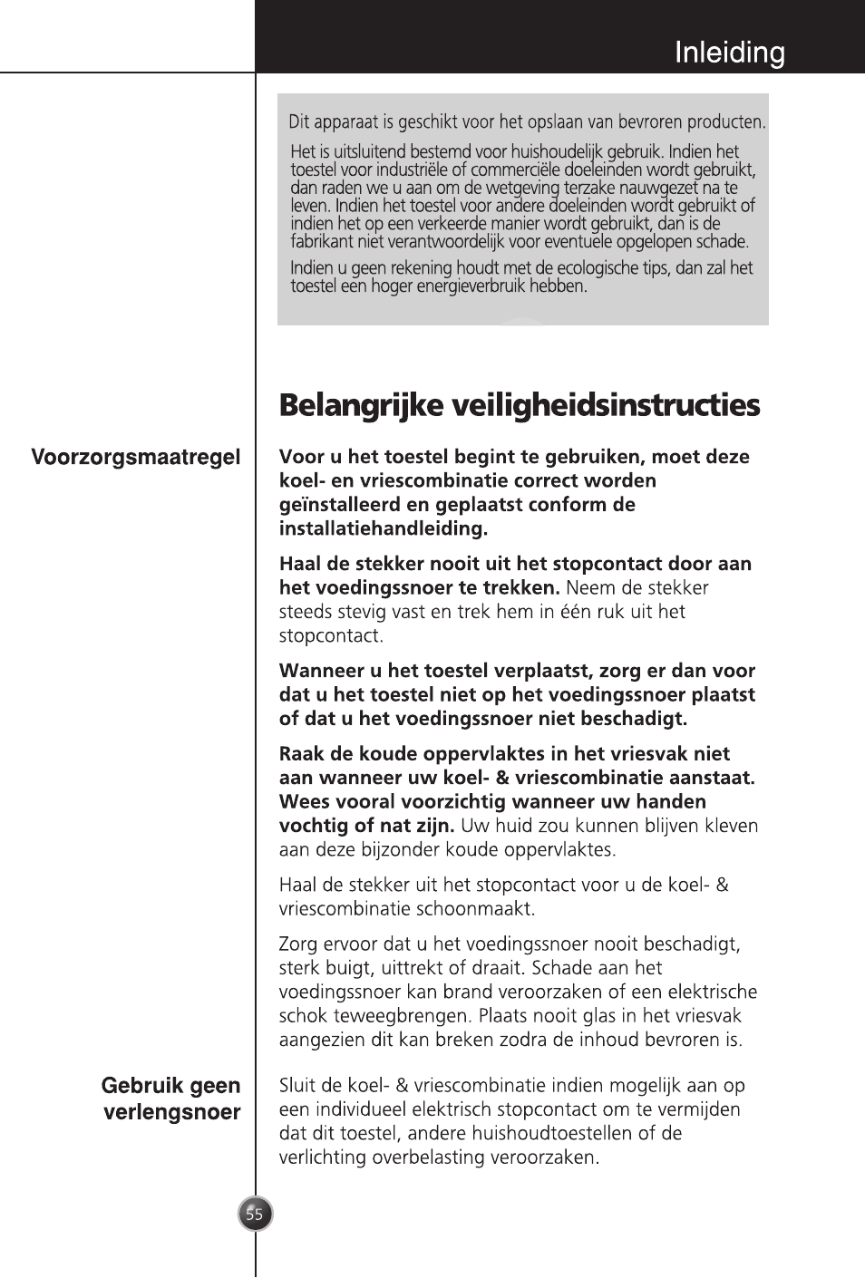Inleiding, Belangrijke veiligheidsinstructies | LG GC-254SQW User Manual | Page 54 / 70