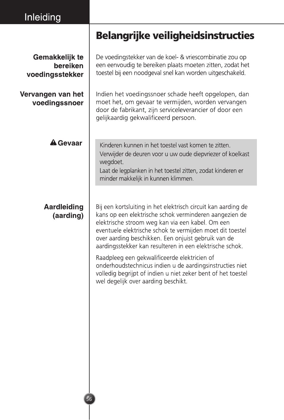 Agevaar, Inleiding, Belangrijke veiligheidsinstructies | LG GC-254SQW User Manual | Page 55 / 70