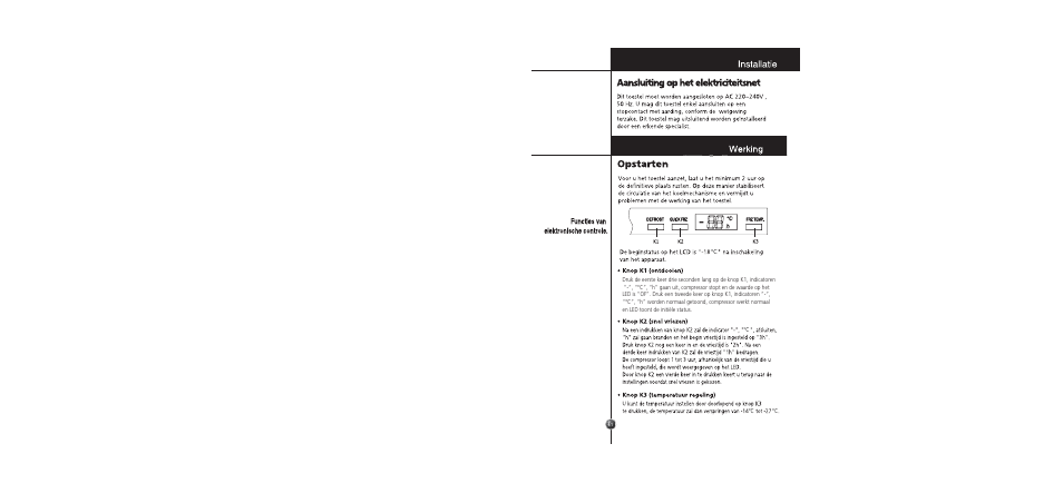 Functies van elektronische controle, Knop k3 (temperatuur regeling), Installatie | Aansluiting op het elektriciteitsnet, Opstarten, Functies van elektronische controle. werking | LG GC-254SQW User Manual | Page 60 / 70