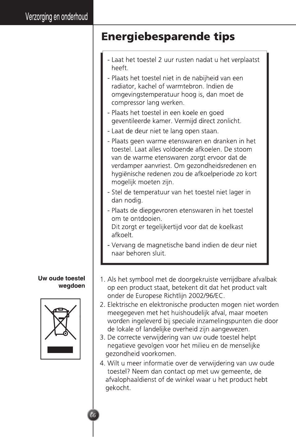 Verzorgingen onderhoud, Energiebesparende tips | LG GC-254SQW User Manual | Page 65 / 70