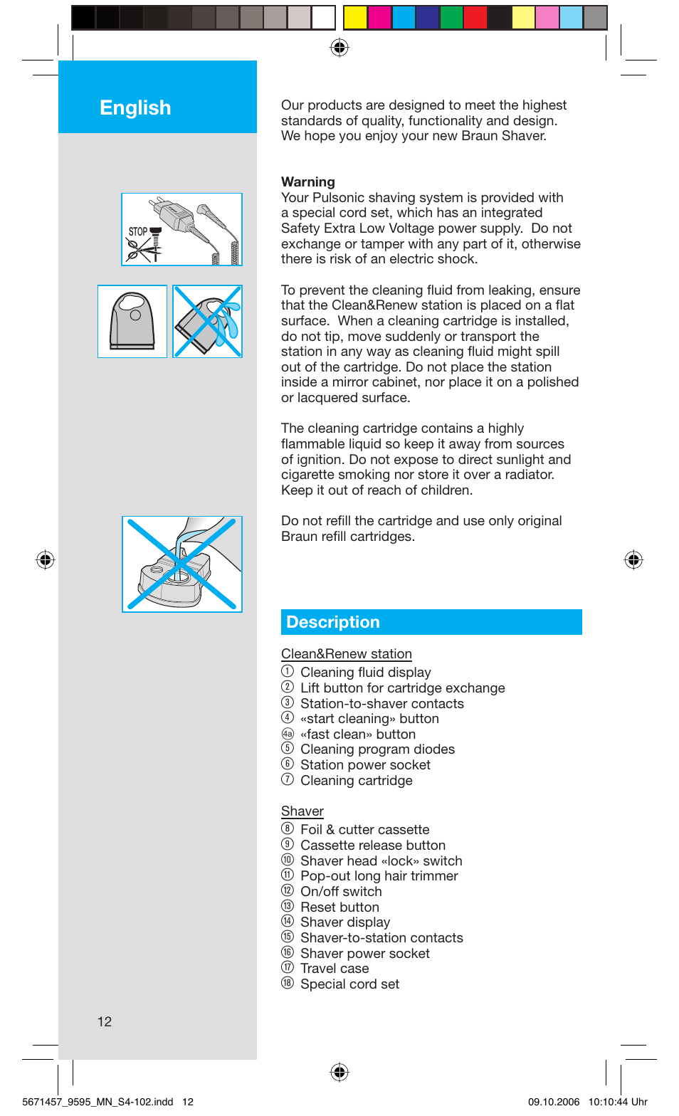 English, Description | Braun 9595 Pulsonic User Manual | Page 12 / 101