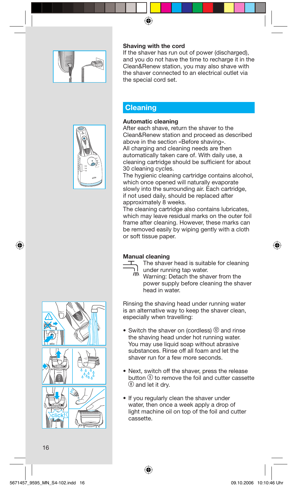 Cleaning, Click, Rese t | Braun 9595 Pulsonic User Manual | Page 16 / 101