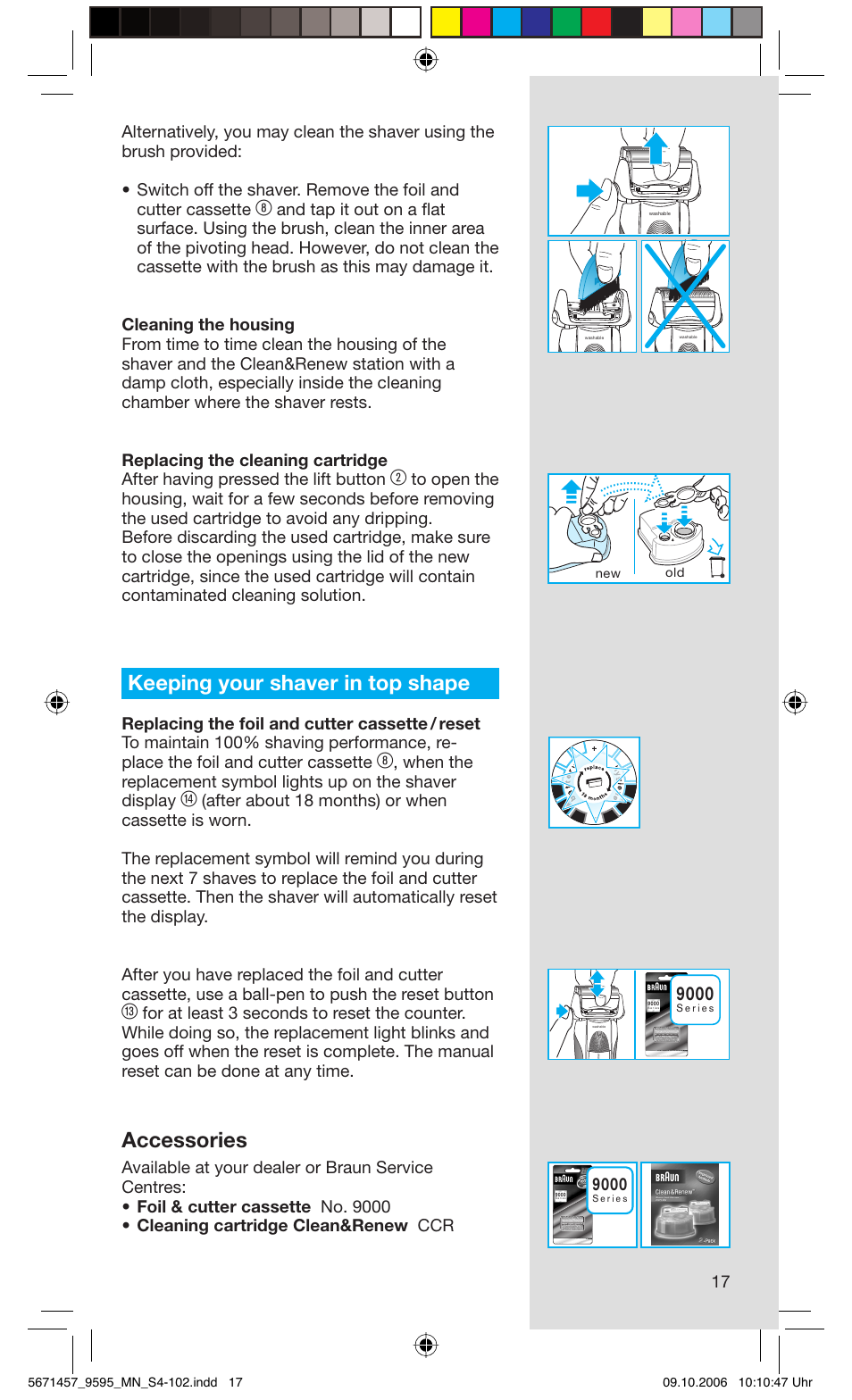 Keeping your shaver in top shape, Accessories | Braun 9595 Pulsonic User Manual | Page 17 / 101