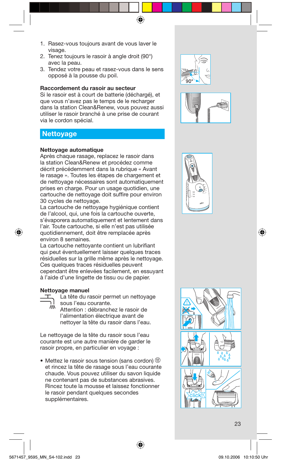 Nettoyage, Click, Rese t | Braun 9595 Pulsonic User Manual | Page 23 / 101