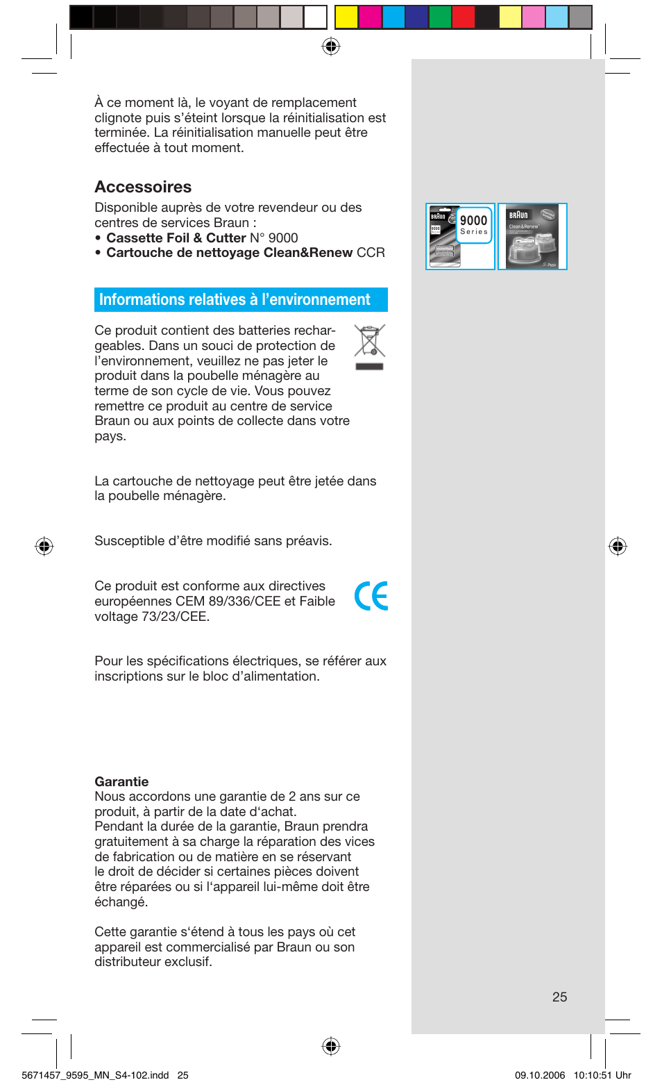 Accessoires, Informations relatives à l’environnement | Braun 9595 Pulsonic User Manual | Page 25 / 101