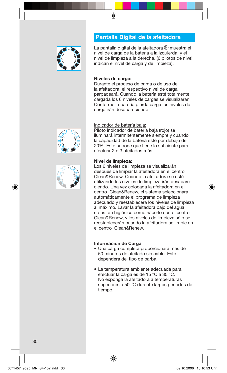 Pantalla digital de la afeitadora | Braun 9595 Pulsonic User Manual | Page 30 / 101