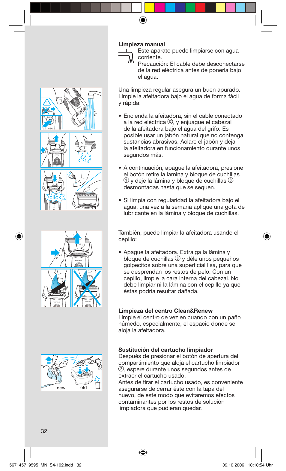 Y deje la lámina y bloque de cuchillas, Click | Braun 9595 Pulsonic User Manual | Page 32 / 101