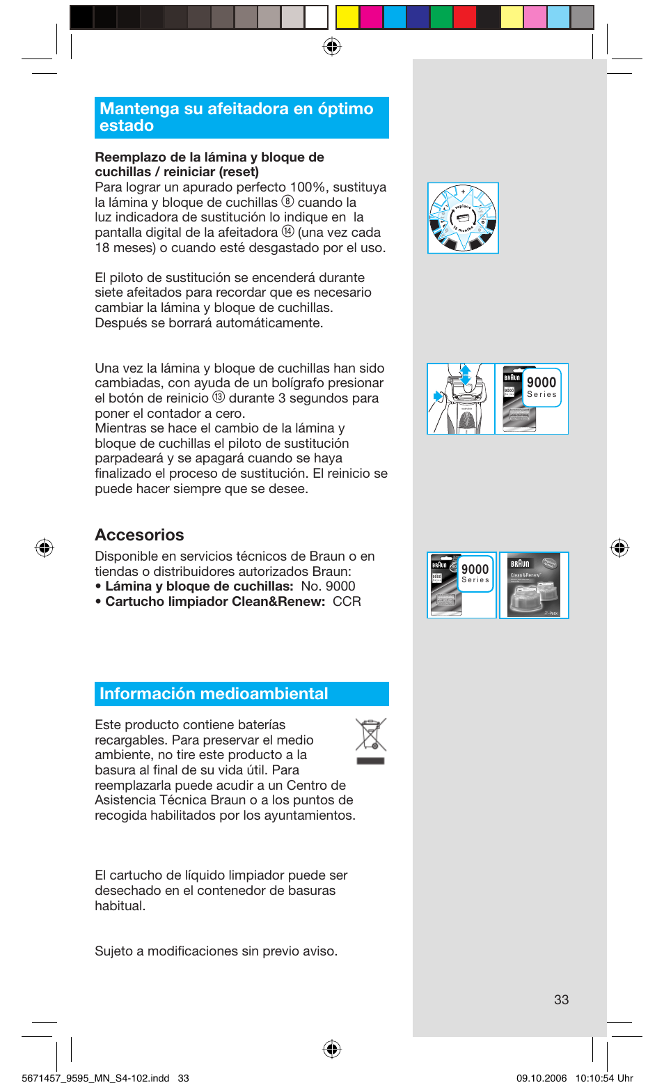 Mantenga su afeitadora en óptimo estado, Accesorios, Información medioambiental | Braun 9595 Pulsonic User Manual | Page 33 / 101