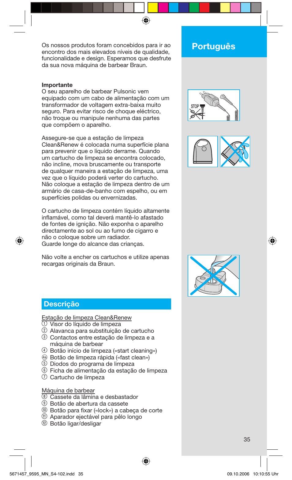 Português, Descrição | Braun 9595 Pulsonic User Manual | Page 35 / 101