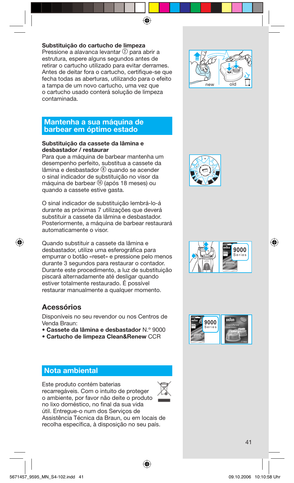 Mantenha a sua máquina de barbear em óptimo estado, Acessórios, Nota ambiental | Braun 9595 Pulsonic User Manual | Page 41 / 101