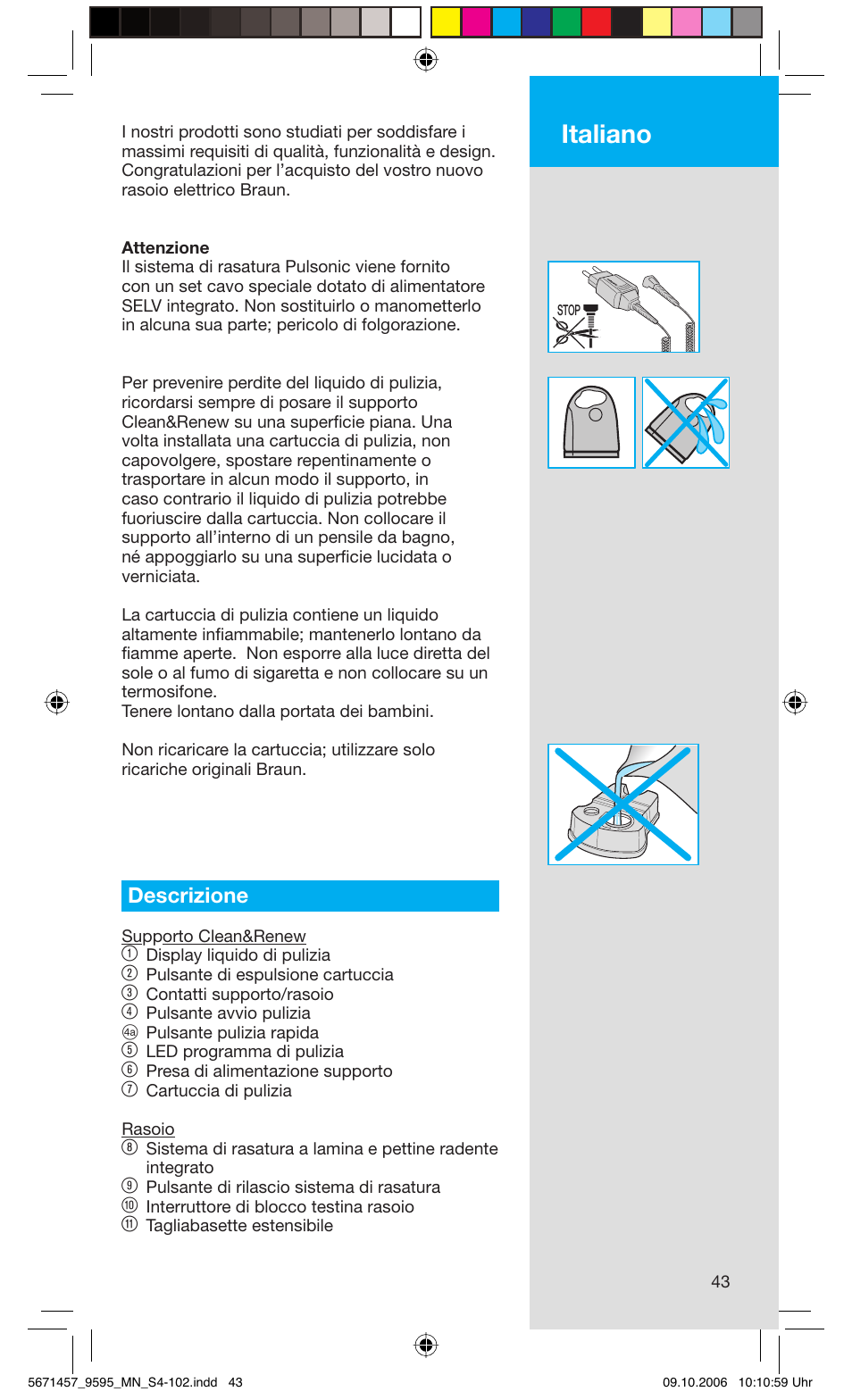 Italiano, Descrizione | Braun 9595 Pulsonic User Manual | Page 43 / 101