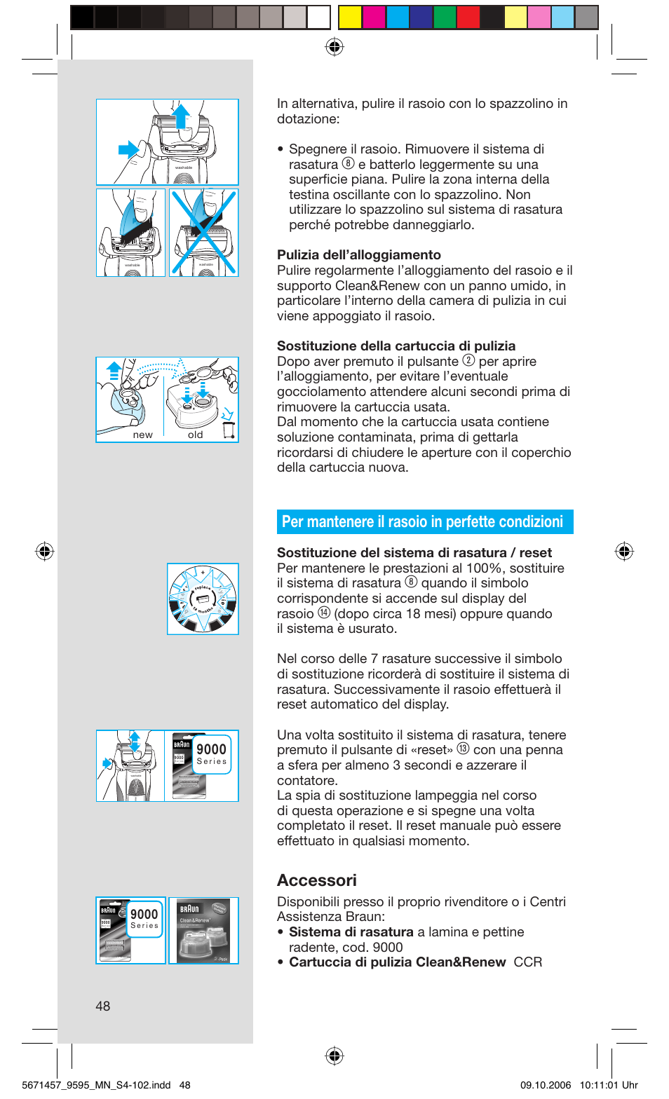 Per mantenere il rasoio in perfette condizioni, Accessori | Braun 9595 Pulsonic User Manual | Page 48 / 101