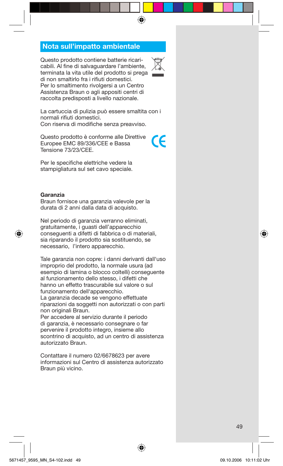 Nota sull’impatto ambientale | Braun 9595 Pulsonic User Manual | Page 49 / 101