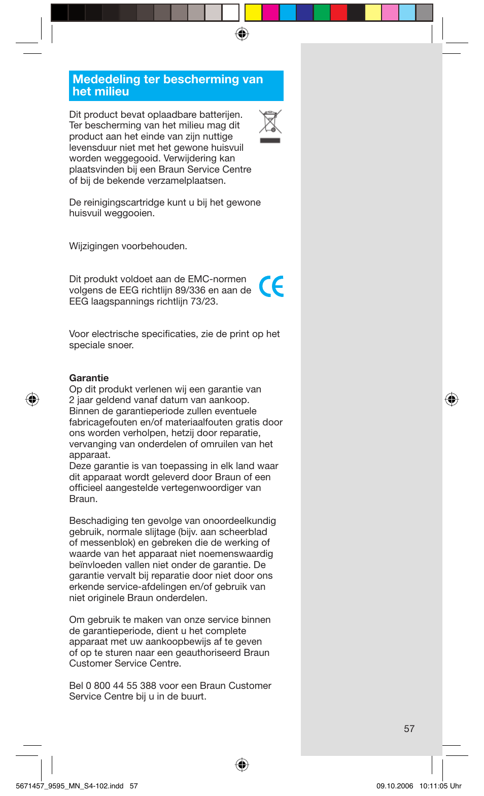 Mededeling ter bescherming van het milieu | Braun 9595 Pulsonic User Manual | Page 57 / 101