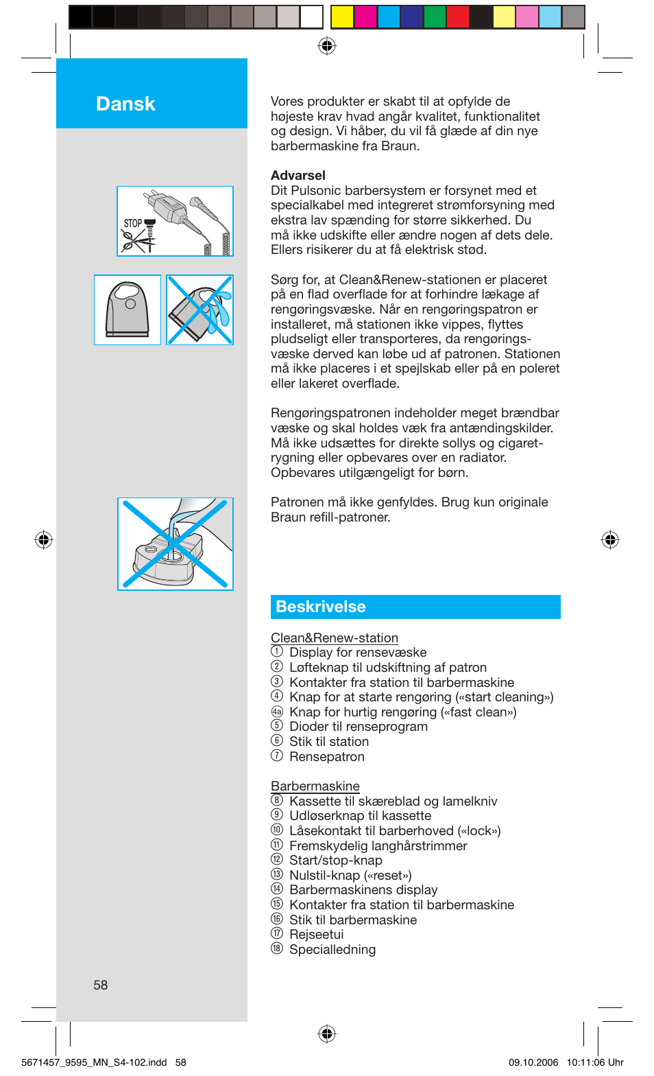 Dansk, Beskrivelse | Braun 9595 Pulsonic User Manual | Page 58 / 101