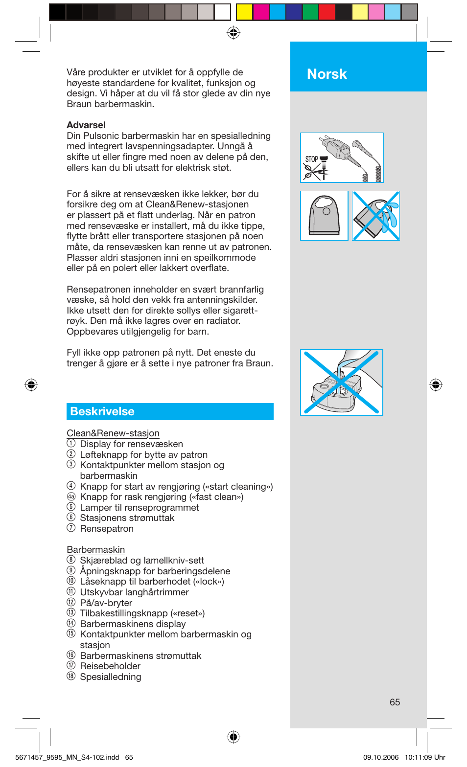 Norsk, Beskrivelse | Braun 9595 Pulsonic User Manual | Page 65 / 101
