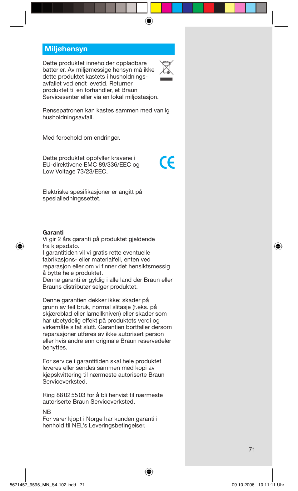 Miljøhensyn | Braun 9595 Pulsonic User Manual | Page 71 / 101