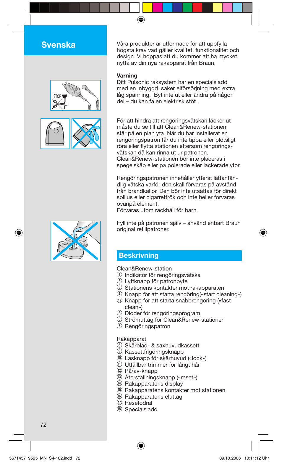 Svenska, Beskrivning | Braun 9595 Pulsonic User Manual | Page 72 / 101