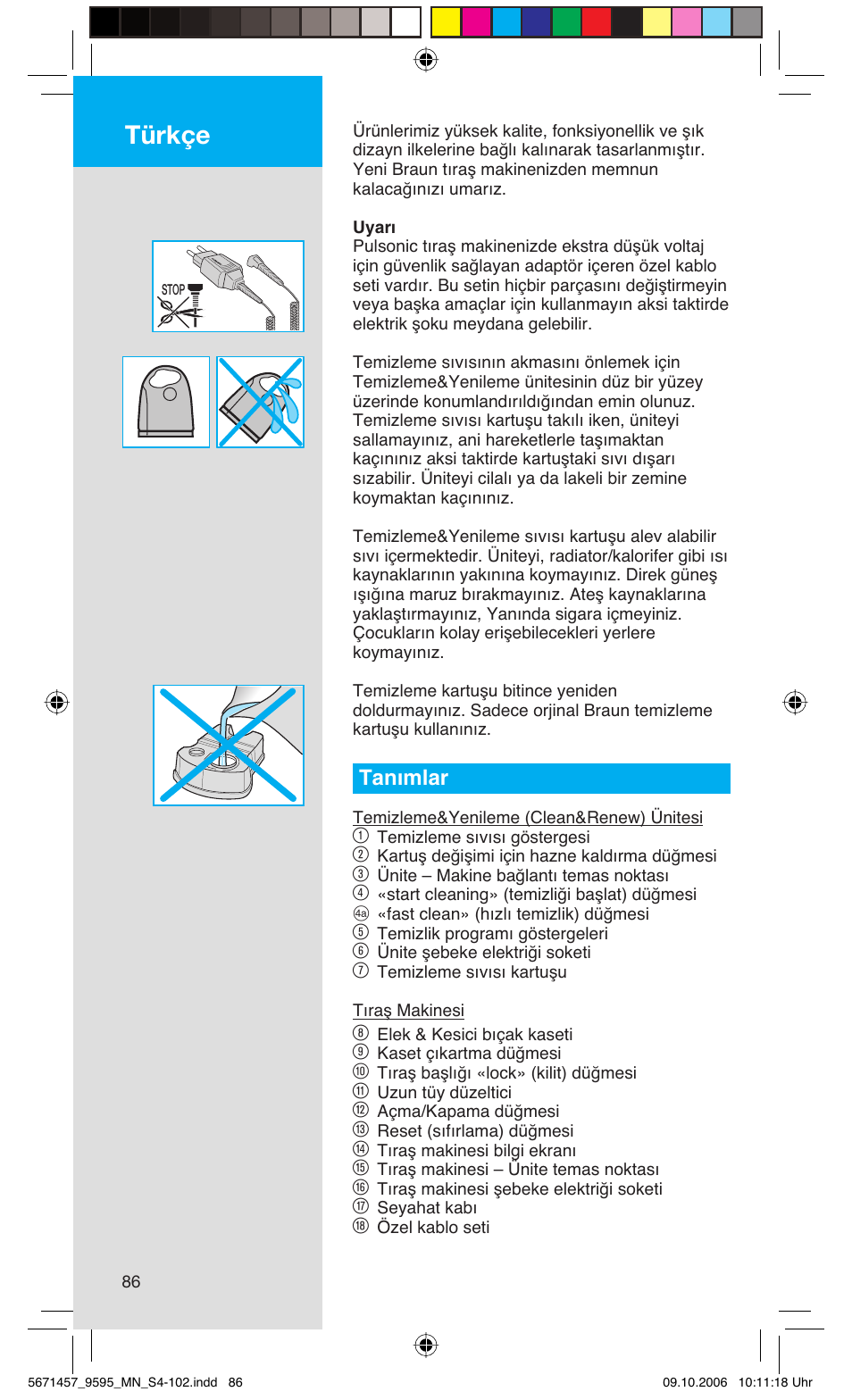 Türkçe, Tanımlar | Braun 9595 Pulsonic User Manual | Page 86 / 101