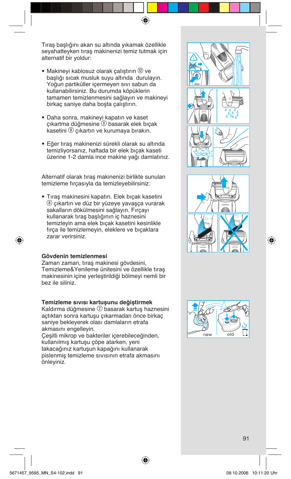 Basarak elek bıçak kasetini, Click | Braun 9595 Pulsonic User Manual | Page 91 / 101