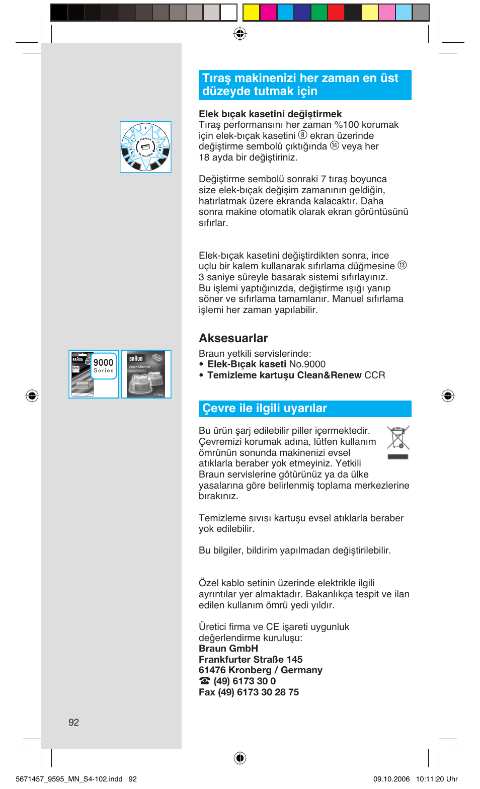 Aksesuarlar, Çevre ile ilgili uyarılar | Braun 9595 Pulsonic User Manual | Page 92 / 101