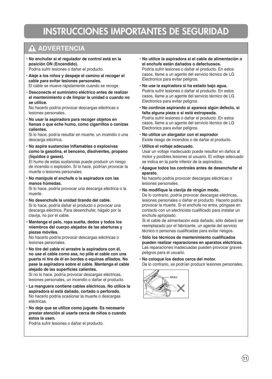 Instrucciones importantes de seguridad, Advertencia | LG VK7320NHAC User Manual | Page 11 / 32