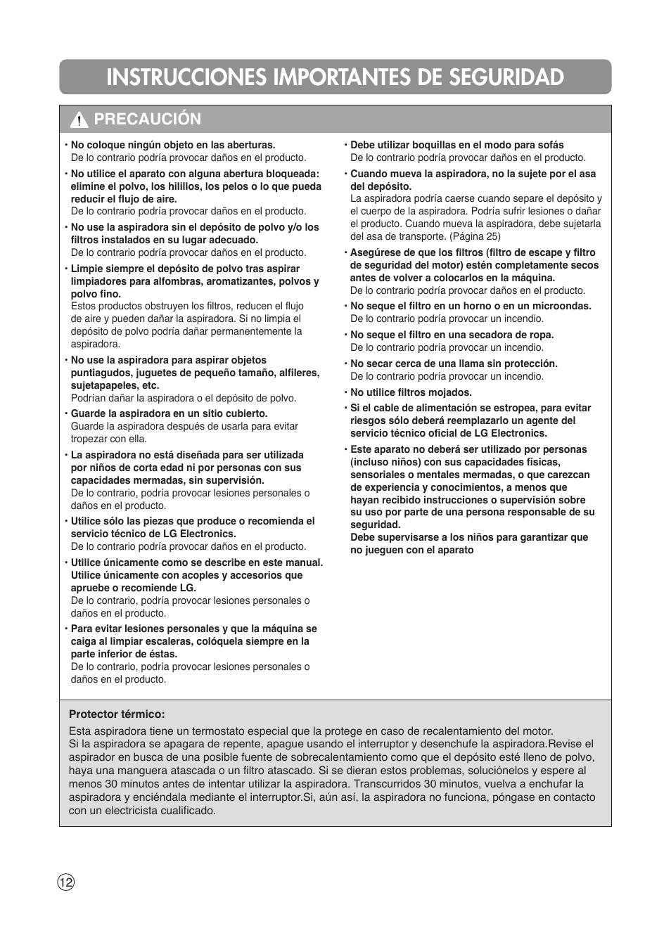 Instrucciones importantes de seguridad, Precaución | LG VK7320NHAC User Manual | Page 12 / 32