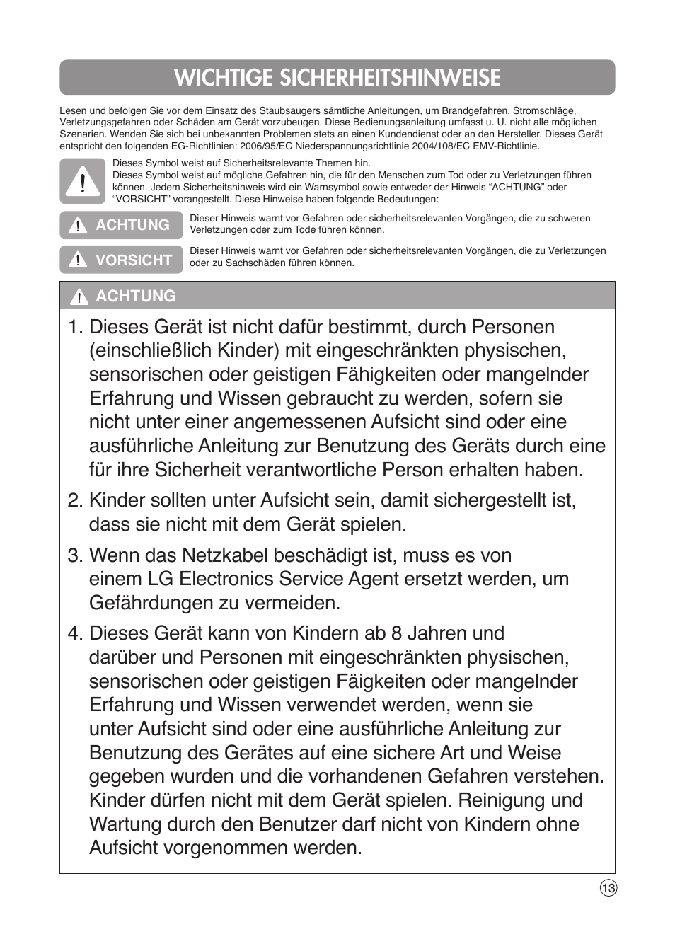 Wichtige sicherheitshinweise | LG VK7320NHAC User Manual | Page 13 / 32