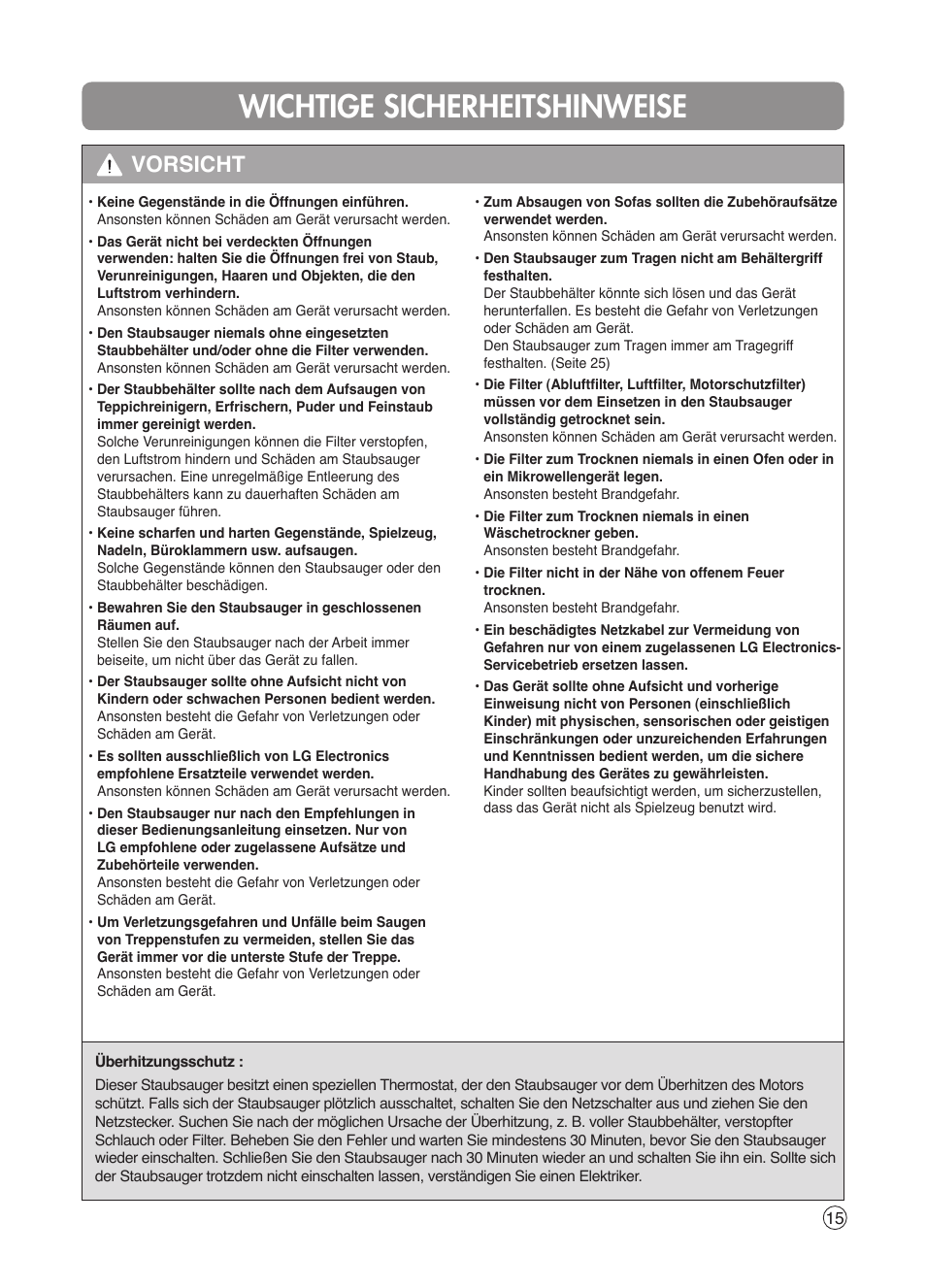 Wichtige sicherheitshinweise, Vorsicht | LG VK7320NHAC User Manual | Page 15 / 32