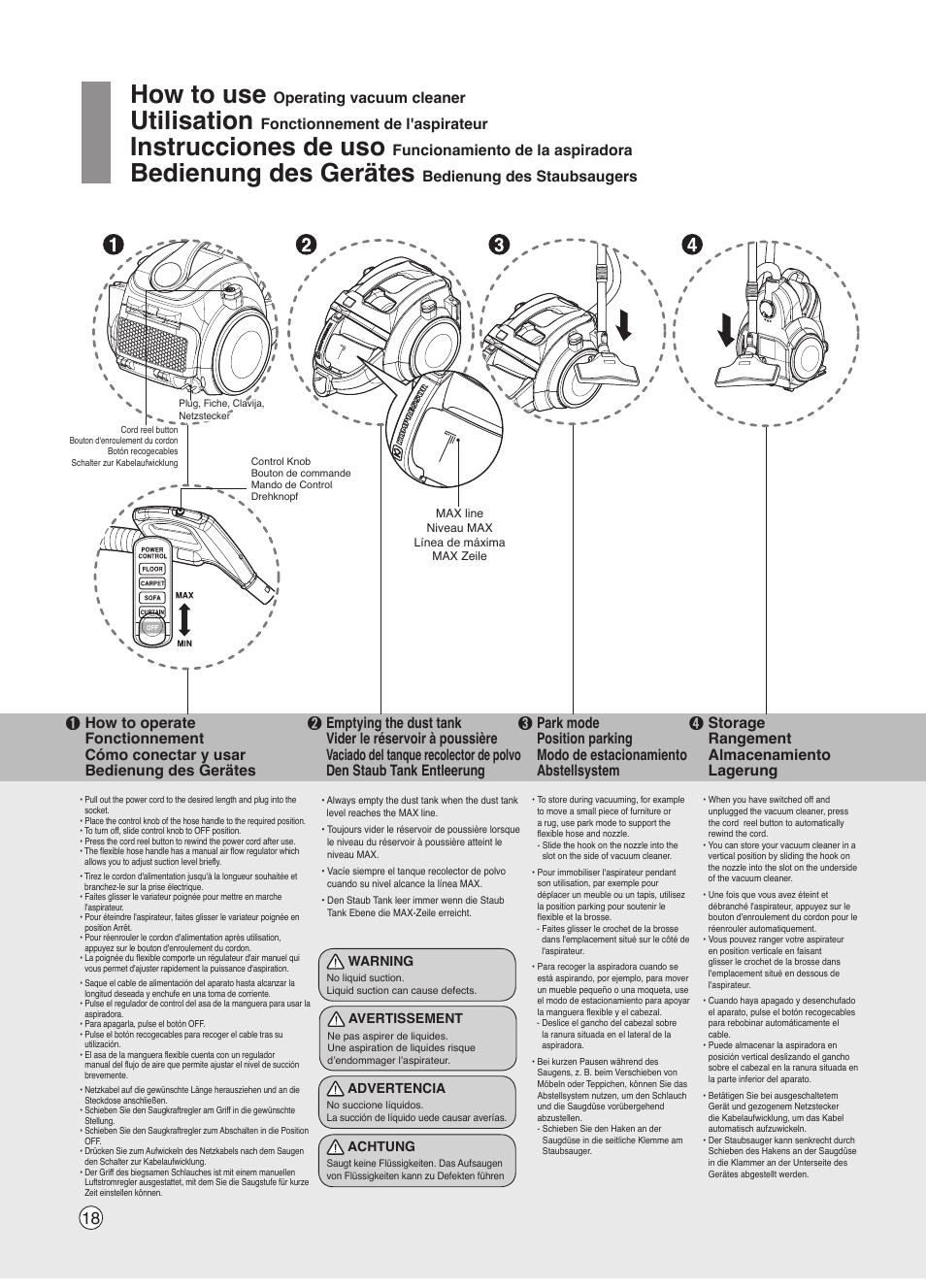 How to use, Utilisation, Instrucciones de uso | Bedienung des gerätes, Operating vacuum cleaner, Fonctionnement de l'aspirateur, Funcionamiento de la aspiradora, Storage rangement almacenamiento lagerung | LG VK7320NHAC User Manual | Page 18 / 32