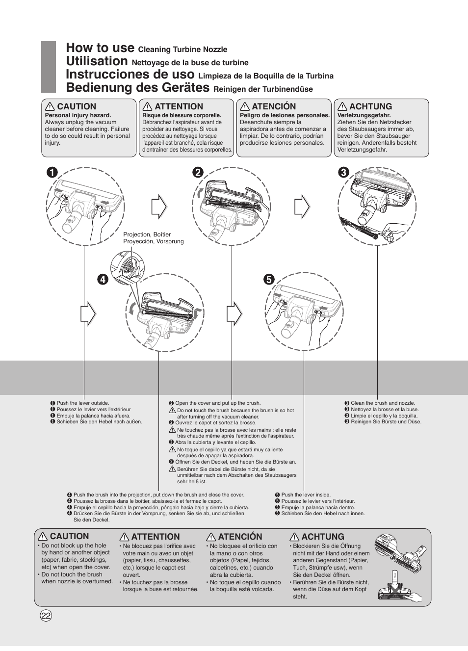 How to use, Utilisation, Instrucciones de uso | Bedienung des gerätes, Caution, Attention, Atención, Achtung | LG VK7320NHAC User Manual | Page 22 / 32