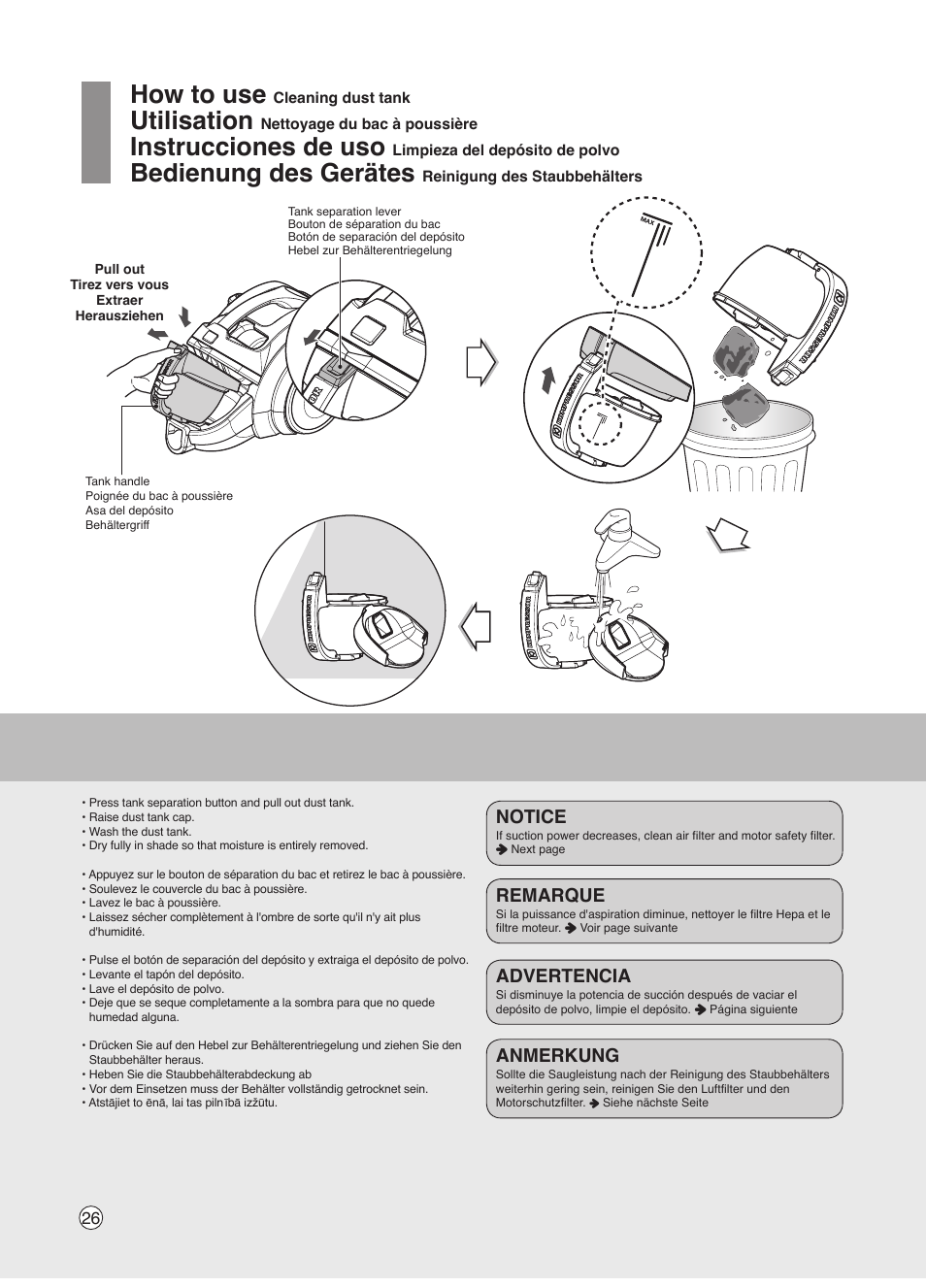 How to use, Utilisation, Instrucciones de uso | Bedienung des gerätes, Notice, Remarque, Advertencia, Anmerkung | LG VK7320NHAC User Manual | Page 26 / 32