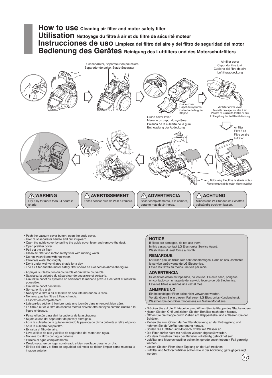 How to use, Utilisation, Instrucciones de uso | Bedienung des gerätes, Cleaning air filter and motor safety filter, Warning, Advertencia, Achtung, Avertissement | LG VK7320NHAC User Manual | Page 27 / 32