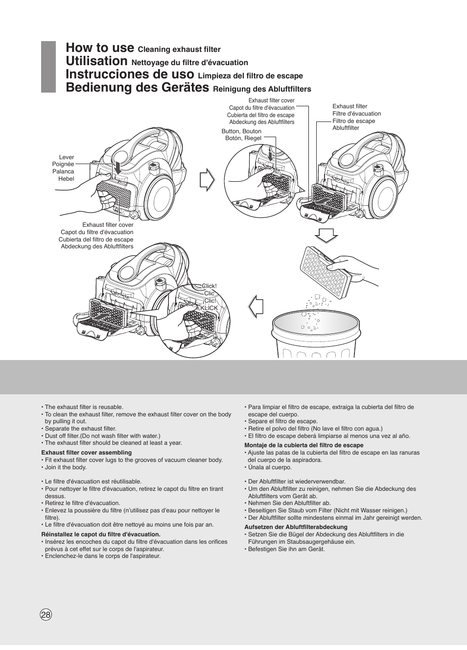 How to use, Utilisation, Instrucciones de uso | Bedienung des gerätes | LG VK7320NHAC User Manual | Page 28 / 32