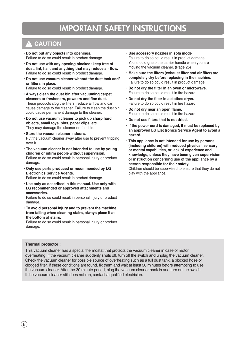 Important safety instructions, Caution | LG VK7320NHAC User Manual | Page 6 / 32