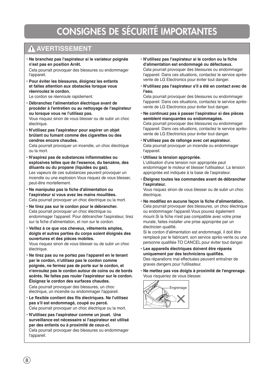 Consignes de sécurité importantes, Avertissement | LG VK7320NHAC User Manual | Page 8 / 32