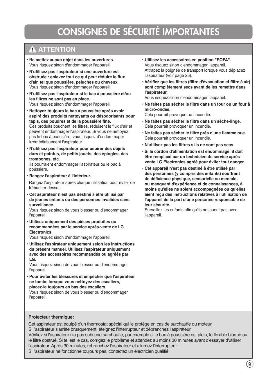 Consignes de sécurité importantes, Attention | LG VK7320NHAC User Manual | Page 9 / 32