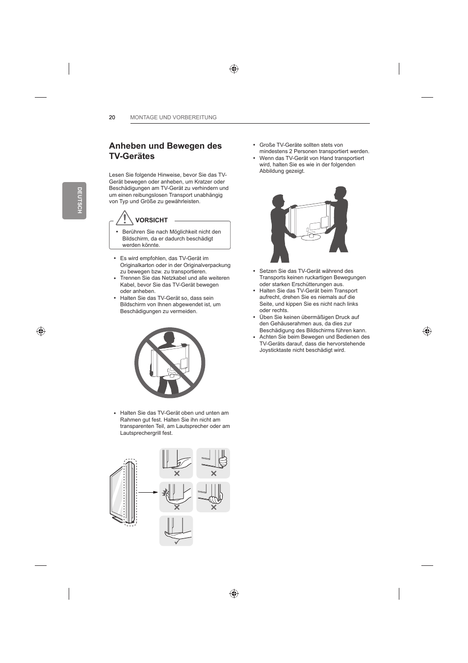Anheben und bewegen des tv-gerätes | LG 42LB652V User Manual | Page 100 / 360